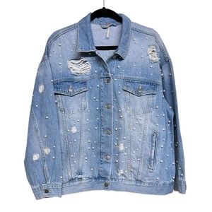 Free People Sunday Funday Oversized Pearl Denim Jacket Women’s Size Medium